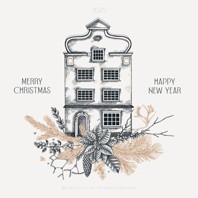 Merry Christmas card design. Happy New Year template. Architecture sketch. Vintage house hand-drawn vector illustration. Floral art. NOT AI generated